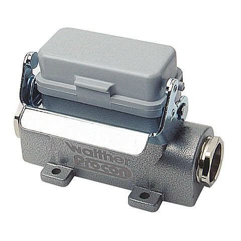 Wall mount housing A10 and D15 from aluminium, height 52mm with spring cover, single locking system and nozzles 2xM20