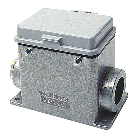 Wall mount housing A32 and D50 from aluminium, height 81,5mm with spring cover, double locking system and nozzles 2xM32