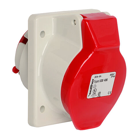 Panel socket angled 32A 4P 6h with flange 90x75mm