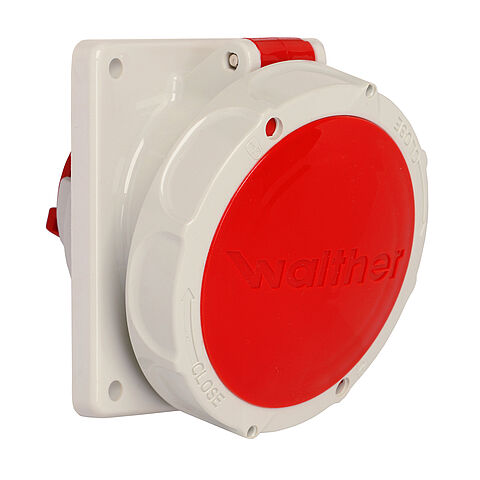 Waterproof panel socket angled 63A 5P 4h with flange 107x100mm, with pilot contact
