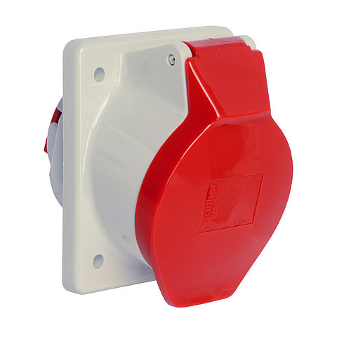 Panel socket angled 63A 5P 6h with flange 107x100mm with pilot contact